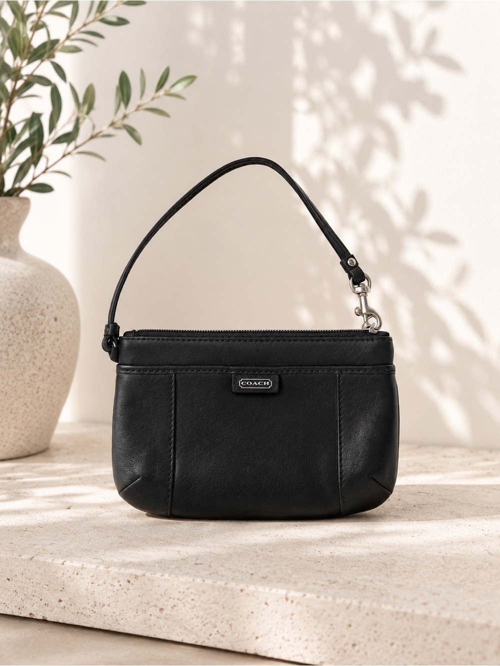 Coach Black Leather Mini Wristlet Bag Y2K Zip Pouch Authentic
